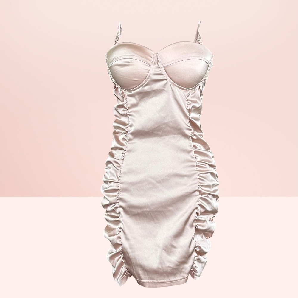 Quiz Satin Ruched Bustier Bodycon Mini Dress Coquette Glam Size 6 Pink Champagne